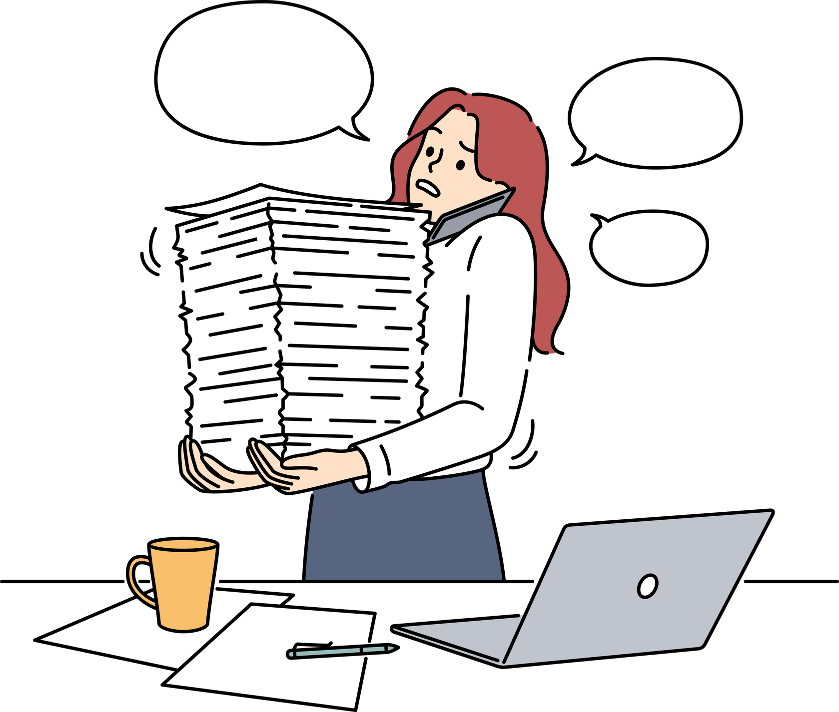 Businesswoman with paperwork stacks overwhelmed with work